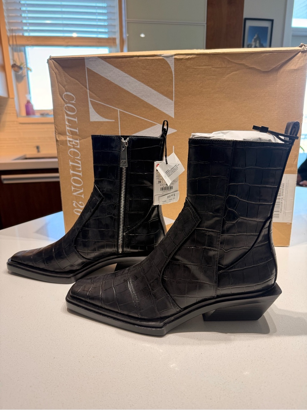 Zara Black Croc-Effect Leather Ankle Booties